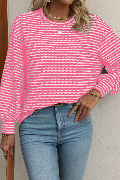 Stripe Round Neck Drop Shoulder Long Sleeve Top